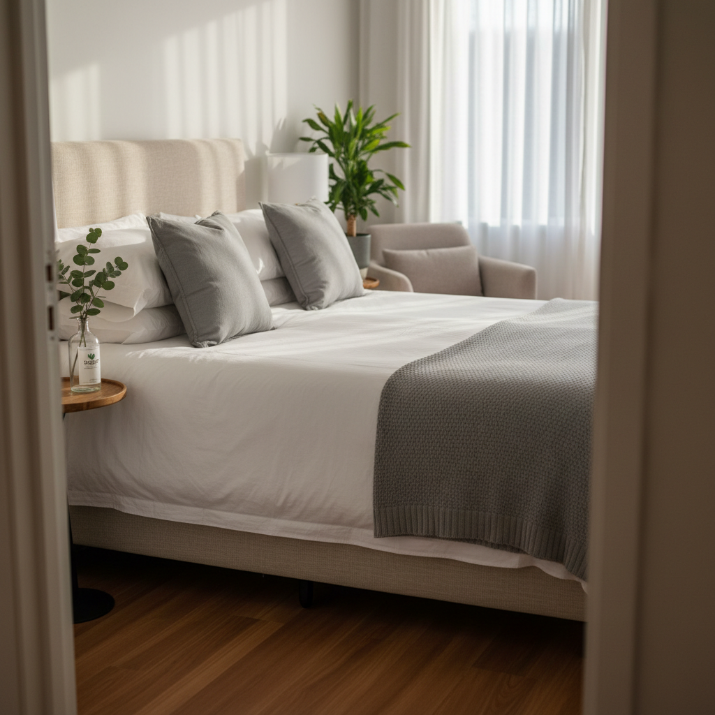 An immaculate holiday let bedroom prepared after a professional clean, featuring a king-size bed with perfectly smoothed white linen, a neatly folded dove-grey throw at the foot, and symmetrical cushions aligned with precision. Beside the bed, a small wooden tray holds a single eco-friendly room mist bottle and a sprig of greenery in a clear glass vase. Soft afternoon light filters through thin white curtains, brightening the room and casting very gentle shadows, while making the textures of the fabrics subtly visible. Photographic realism, framed from a doorway vantage point with a shallow depth of field, creating a serene, welcoming, boutique-hotel atmosphere ideal for showcasing high-end housekeeping for holiday rentals.