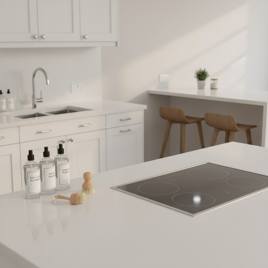 A spotless contemporary kitchen presented as if for a luxury property listing, with white shaker cabinets, a flawless quartz worktop, and an induction hob polished to a mirror-like finish. A discreet collection of eco-conscious cleaning sprays and glass bottles with minimal labels is arranged thoughtfully near a stainless steel sink free from water spots. Diffused late-morning natural light enters from an unseen window, creating gentle reflections on chrome fixtures and a soft glow on the pale walls. Photographic realism, shot from a slightly elevated three-quarter angle using the rule of thirds, with a clean, modern, professional mood and a delicately blurred background breakfast bar to suggest depth and space.