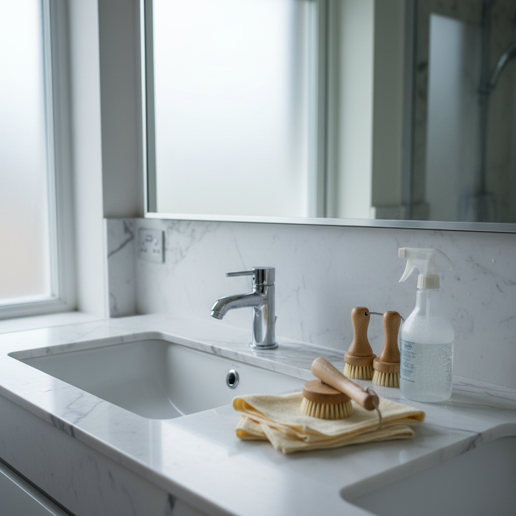 A close-up, photographic realism shot of a pristine bathroom sink area in a luxury Harrogate townhouse, with a ceramic basin free of limescale, chrome tapwork shining, and a large frameless mirror without any streaks. On the marble-effect countertop, a small arrangement of eco-friendly cleaning tools is displayed: bamboo-handled brushes, a reusable spray bottle with clear liquid, and neatly folded cream microfiber cloths. Cool, diffused natural light from a frosted window illuminates the scene, emphasizing cleanliness and clarity while creating subtle reflections in the metal and glass. Captured at a low, three-quarter angle with a moderate depth of field, the mood is fresh, hygienic, and elegantly professional.