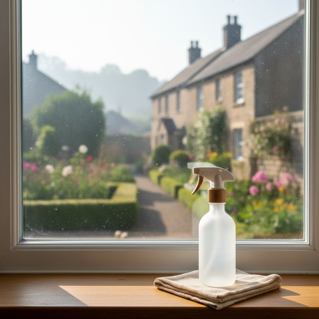 A detailed, close-up photographic realism composition of a freshly cleaned window in a Knaresborough home, the glass perfectly transparent without streaks or smudges. Outside, a soft-focus view of a well-kept garden and distant stone houses hints at the Yorkshire setting, while the interior windowsill displays a single eco-friendly spray bottle and a folded natural-fibre cloth, both placed with quiet precision. Early-morning natural light streams through, creating fine highlights along the window frame and subtle, elongated shadows on the sill. Shot straight-on with a shallow depth of field that keeps the glass and cleaning tools tack-sharp, the atmosphere is airy, bright, and reassuringly meticulous.