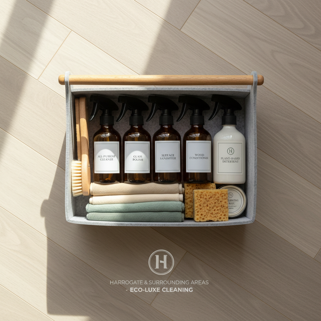 An overhead, bird’s-eye photographic realism view of a well-organised cleaning caddy used by a luxury housekeeping company, placed on a spotless light-wood floor. The caddy contains neatly arranged environmentally friendly products: amber glass spray bottles with simple labels, a soft bristle wooden brush, plant-based detergent, reusable cloths in coordinated neutral tones, and biodegradable sponges. Soft, even natural daylight from an unseen side window creates delicate shadows around each item, highlighting their textures and eco-conscious materials. The composition is carefully balanced with negative space around the caddy, giving a calm, orderly, and premium aesthetic suited to a high-end, environmentally aware cleaning service brand based in Harrogate and surrounding areas.