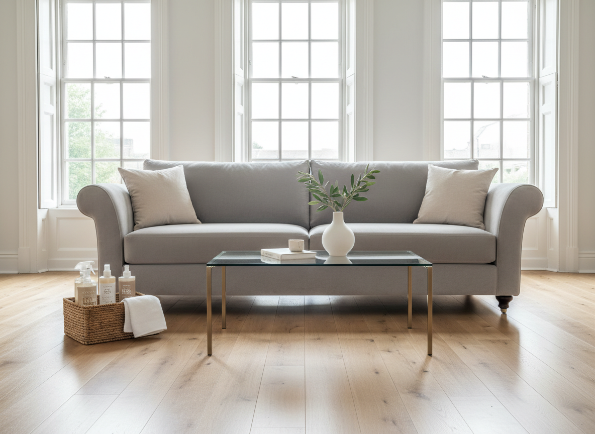 A meticulously arranged luxury living room interior immediately after a professional clean, with a plush light-grey velvet sofa, glass coffee table gleaming without a single streak, and polished oak floors reflecting a soft sheen. Eco-friendly cleaning products in elegant, neutral-toned bottles sit neatly in a woven basket on the floor beside a folded stack of crisp white microfiber cloths. Gentle natural daylight pours through large sash windows, casting soft, refined shadows and subtle highlights on the surfaces. Photographic realism, captured at eye level with a slight wide-angle lens, sharp focus across the room and a calm, pristine, high-end atmosphere that communicates premium housekeeping services.