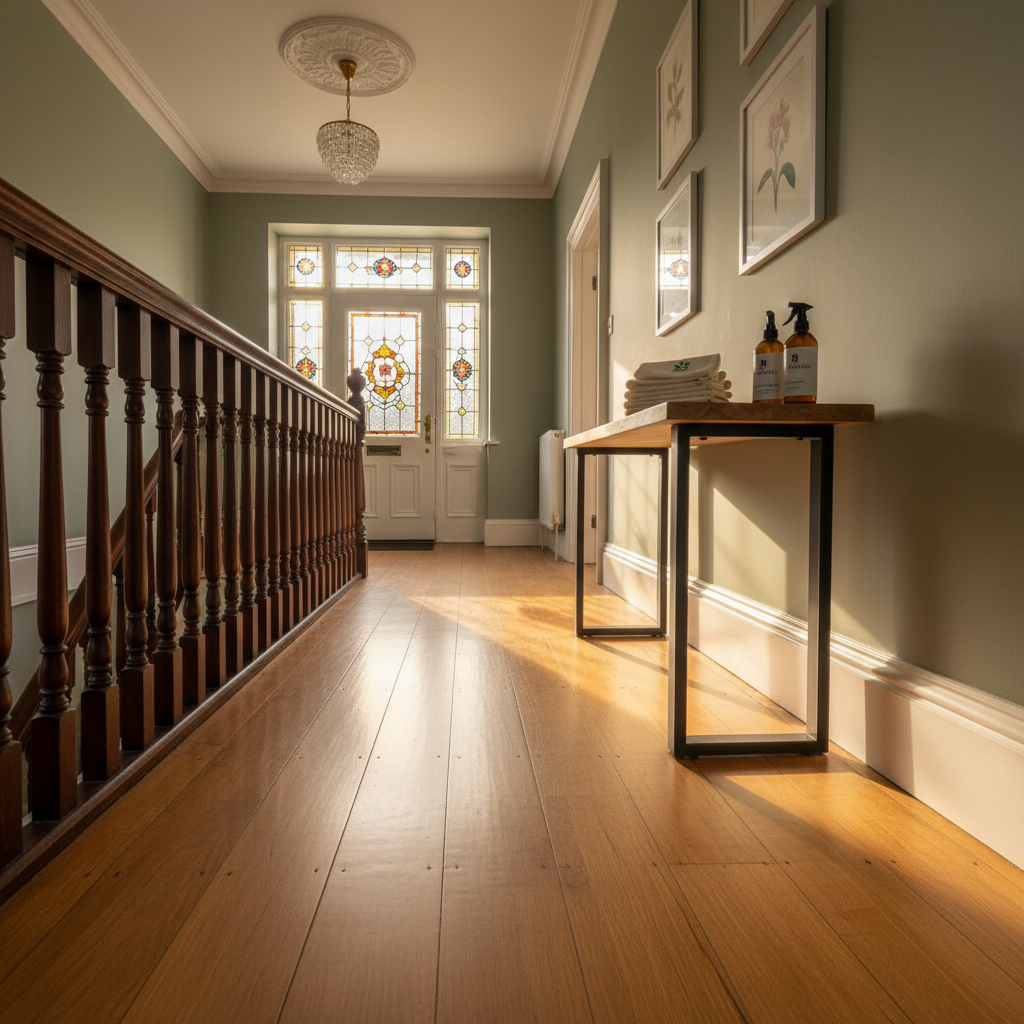 A wide, photographic realism shot of a beautifully maintained period home hallway in Harrogate, showcasing polished original floorboards, meticulously dusted skirting boards, and a gleaming banister free from fingerprints. At the end of the hallway, a console table holds a neatly stacked set of branded, eco-friendly cleaning cloths and a couple of minimalist labelled spray bottles, subtly suggesting professional housekeeping. Warm late-afternoon sunlight streams through stained glass at the front door, casting gentle patterns across the refined, tidy space. Captured from a low, central perspective with strong linear leading lines drawing the eye down the corridor, the mood feels established, trustworthy, and professionally cared for.